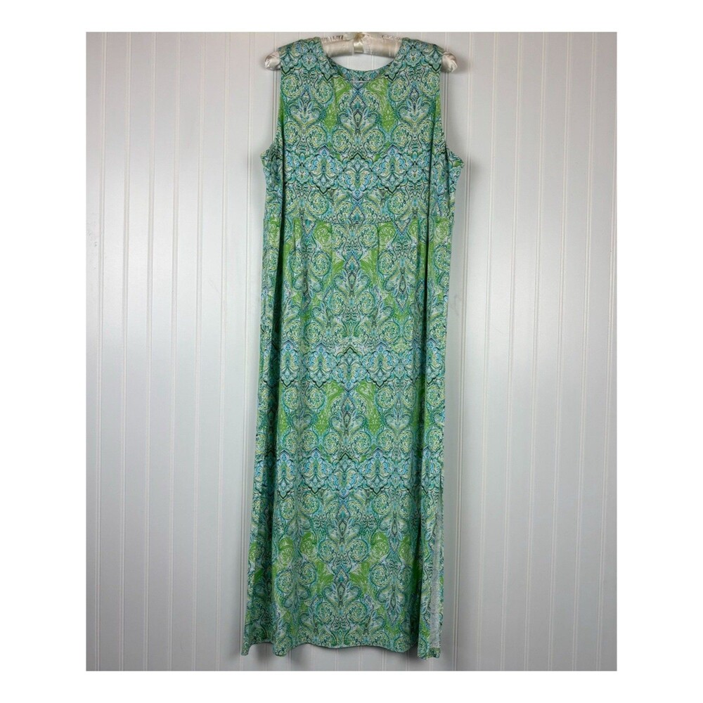 J. Jill Maxi Dress Womens 1X Green Paisley Sleeveless Stretch Beach Resort Boho